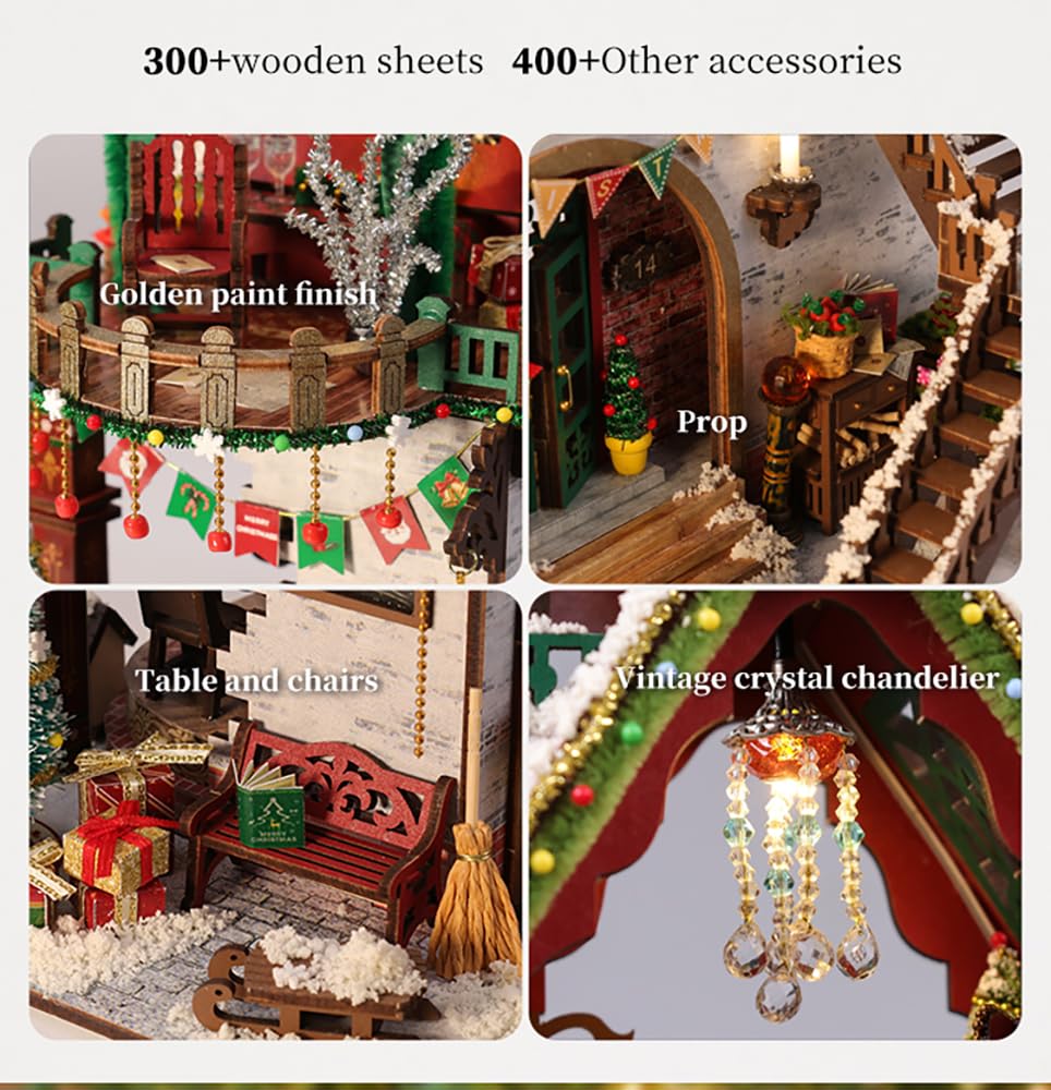 Kit fai da te per casa in miniatura, kit natalizio in legno per casa delle bambole con luci a LED e carillon, kit di costruzione 3D per adulti, regalo natalizio per hobby