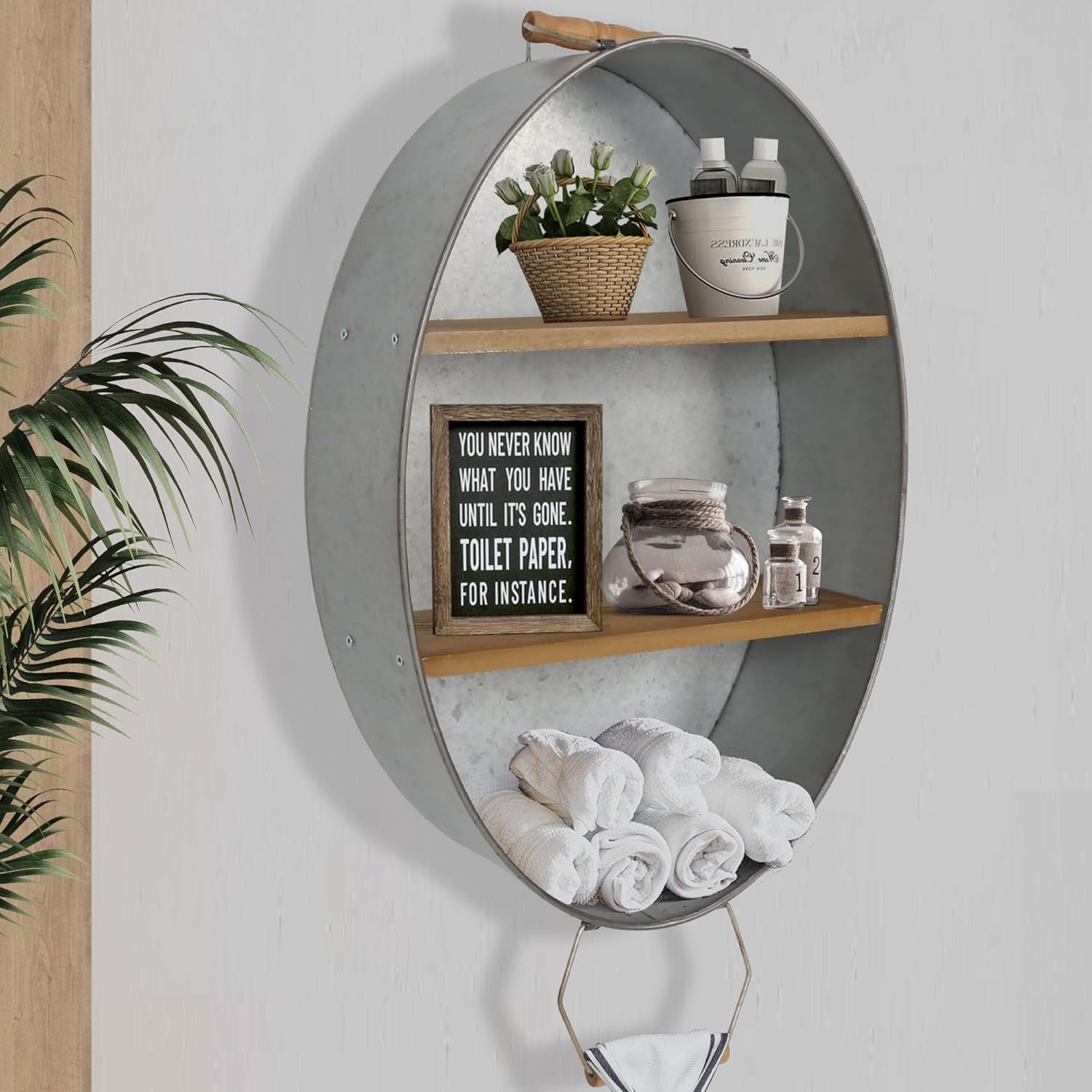 Oakrain Towel Rack with Wood Shelves, Galvanized Wash Tub Rustic Towel Holder, Decorative Wall Shelf for Bathroom, Lavatory, Entryway