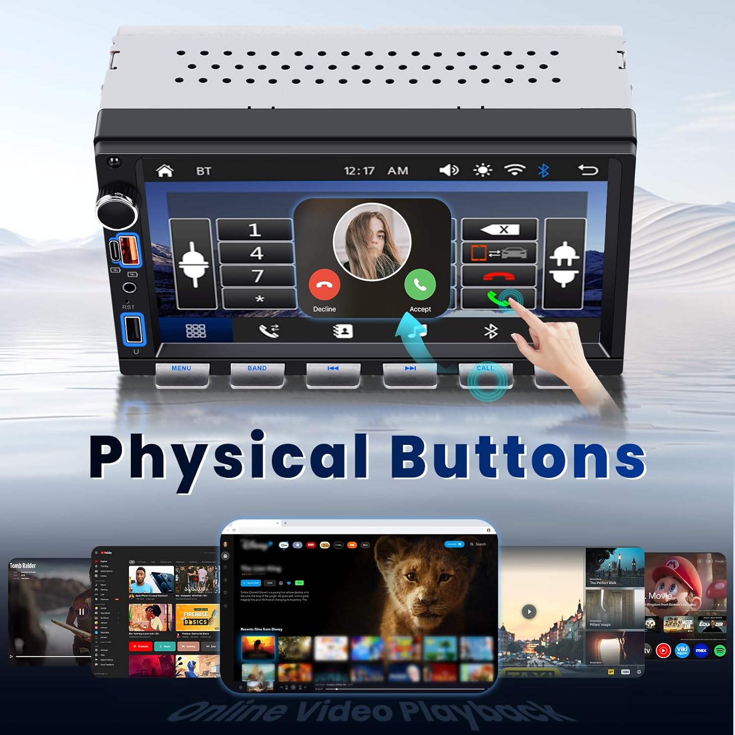 Double Din Car Stereo with Wireless Carplay and Android Auto, 7 Inch Piano Keys Touch Screen CarRadio with Bluetooth, FM Radio, EQ, Online Video, Mirror Link, USB/AUX/Type-C, SWC+ Backup Camera