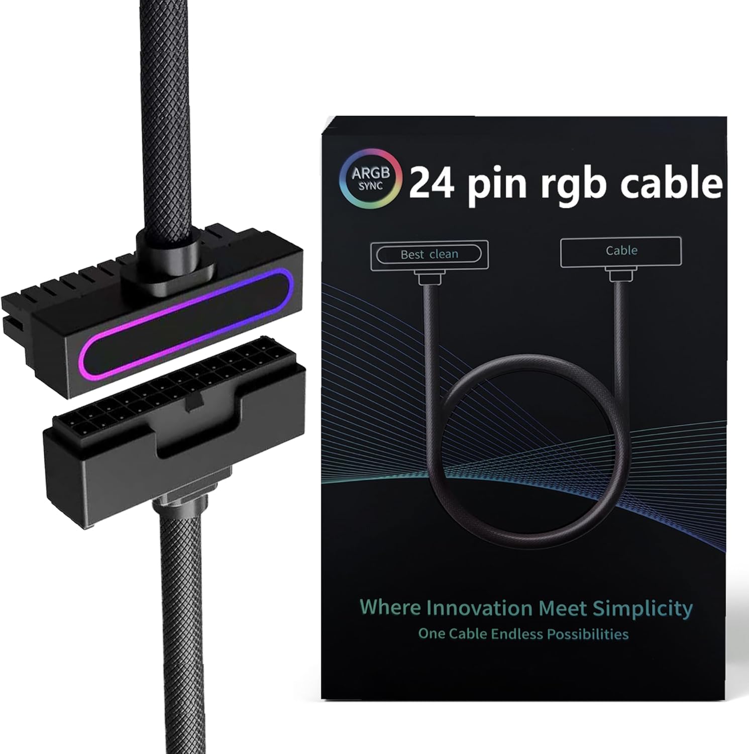 24Pin Motherboard Power Extension Cable with ARGB Extension Cable PC 90-Degree Design. This Power Extension Cable is Suitable for Male and Female interfaces of Various Motherboards and Power Supplies