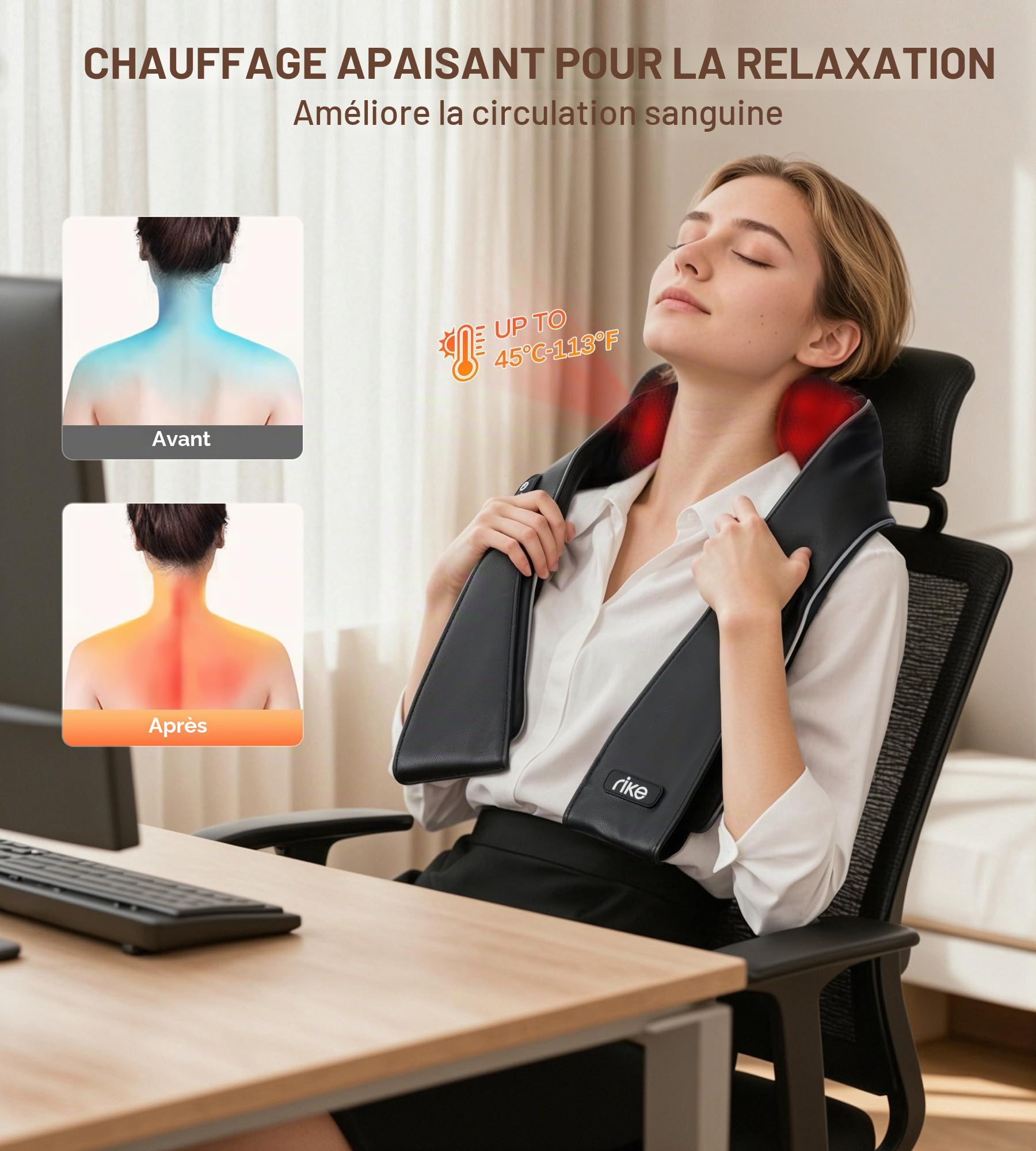 Masseur Cervical Shiatsu avec fonction chauffante, massage des épaules et du dos avec 3 intensités et rotation bi-directionnelle, cadeau pour femme et homme, idéal pour la maison, le bureau et la