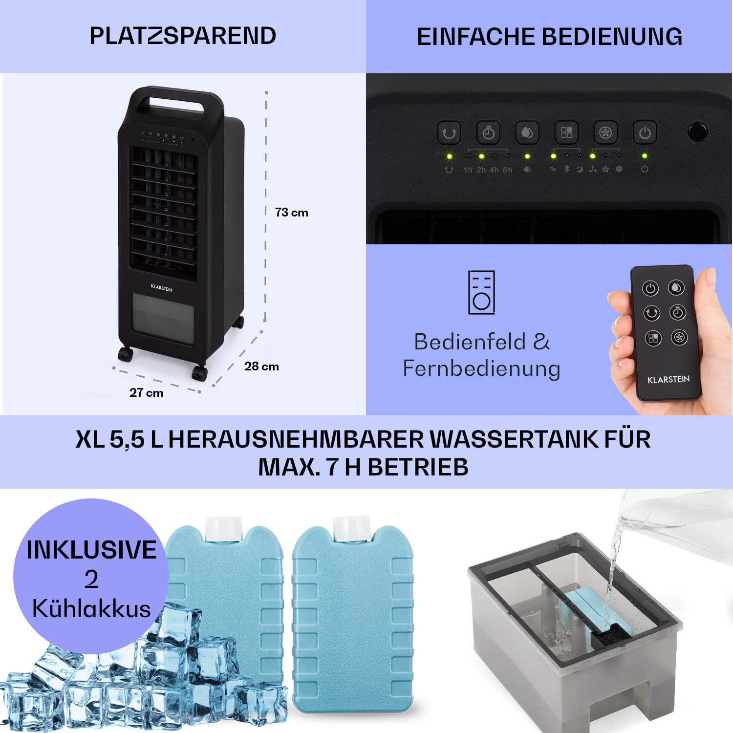 Klarstein Cooler Rush 3 In 1 - Raffreddatore, Ventilatore E Umidificatore - Potente E Silenzioso