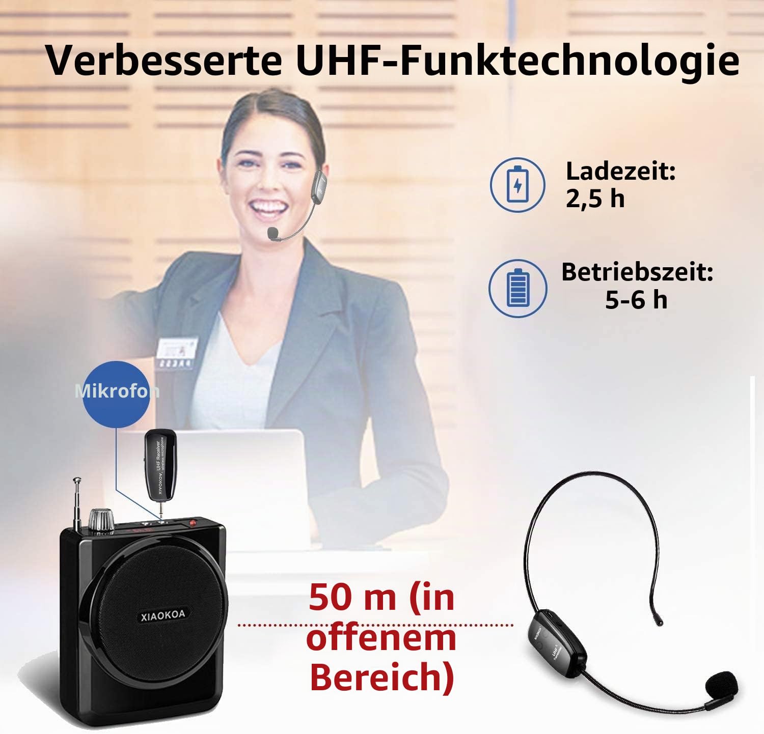 Kabelloses Mikrofon Headset, UHF, USB-C, 50m Reichweite, für Lautsprecher Verstärker PA Anlage