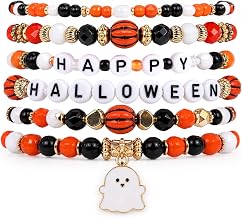Wxiben Happy Halloween Bracelet for Women - 6 Pcs Spooky Ghosts Pumpkin Bracelet Set Beaded Stretch Heishi Surfer Bracelets Friendship Bracelets Gifts for Holiday Party Holiday Decorations Jewelry