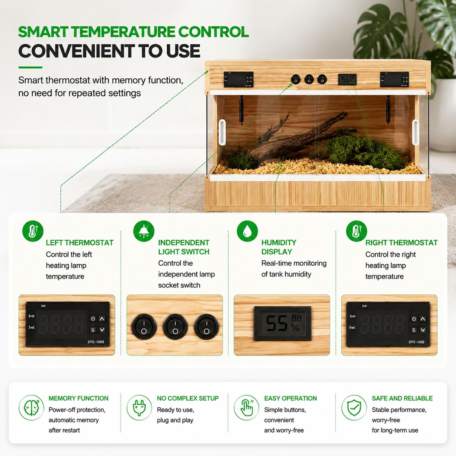 Vivario para reptiles de madera maciza con doble termostato inteligente, recinto de 3 cristales HD con zonas de calefacción independientes, terrario ventilado para pogona, tortuga y lagartija(Small)
