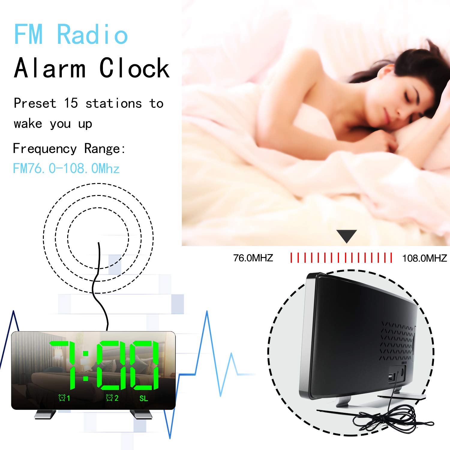 Radiosveglia Digitale Sveglia FM Display LED 3 Livelli di Luminosità Auto Dimmer Volume Regolabile
