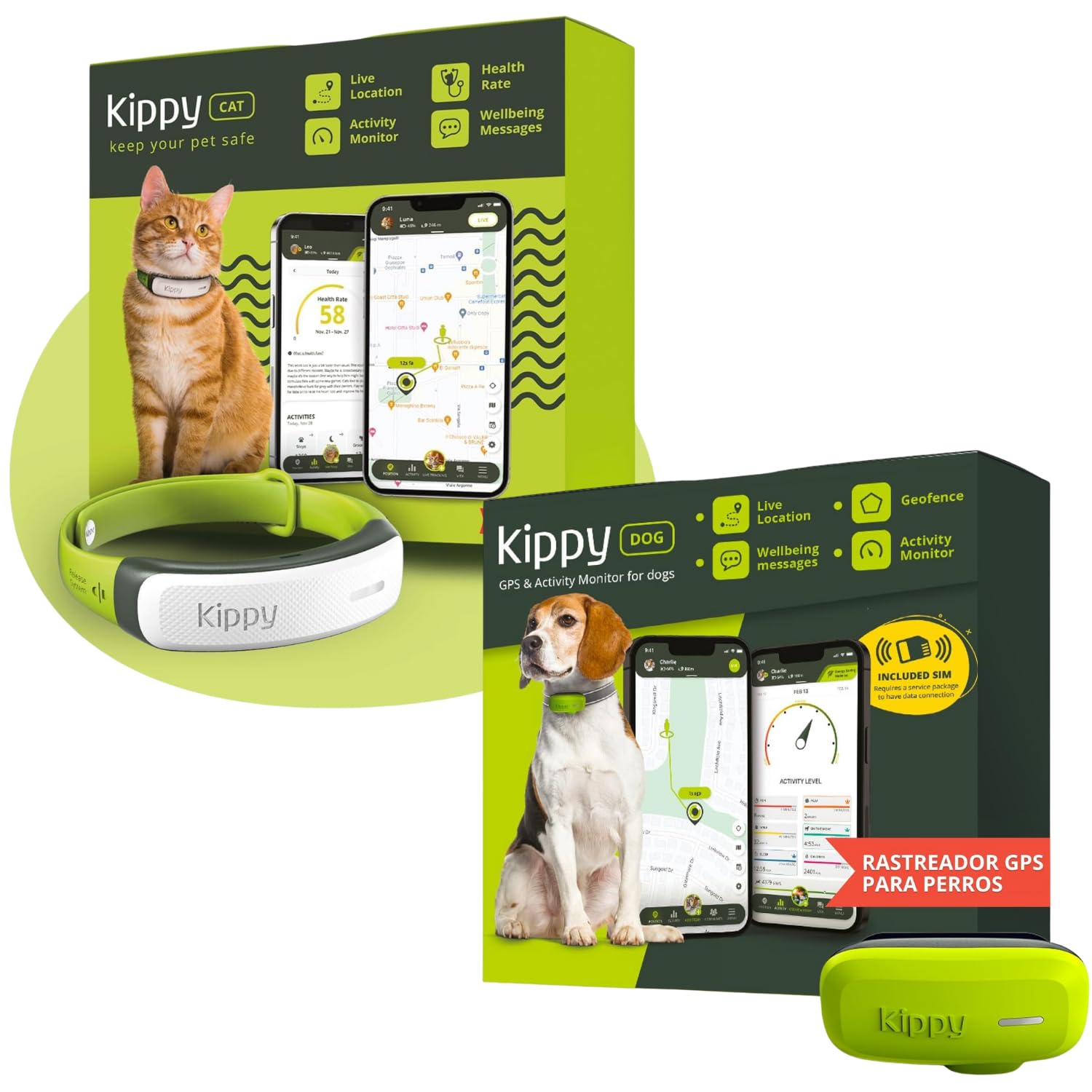 Collier GPS pour chat et chien Kippy Pack de 2 traceurs d'activité