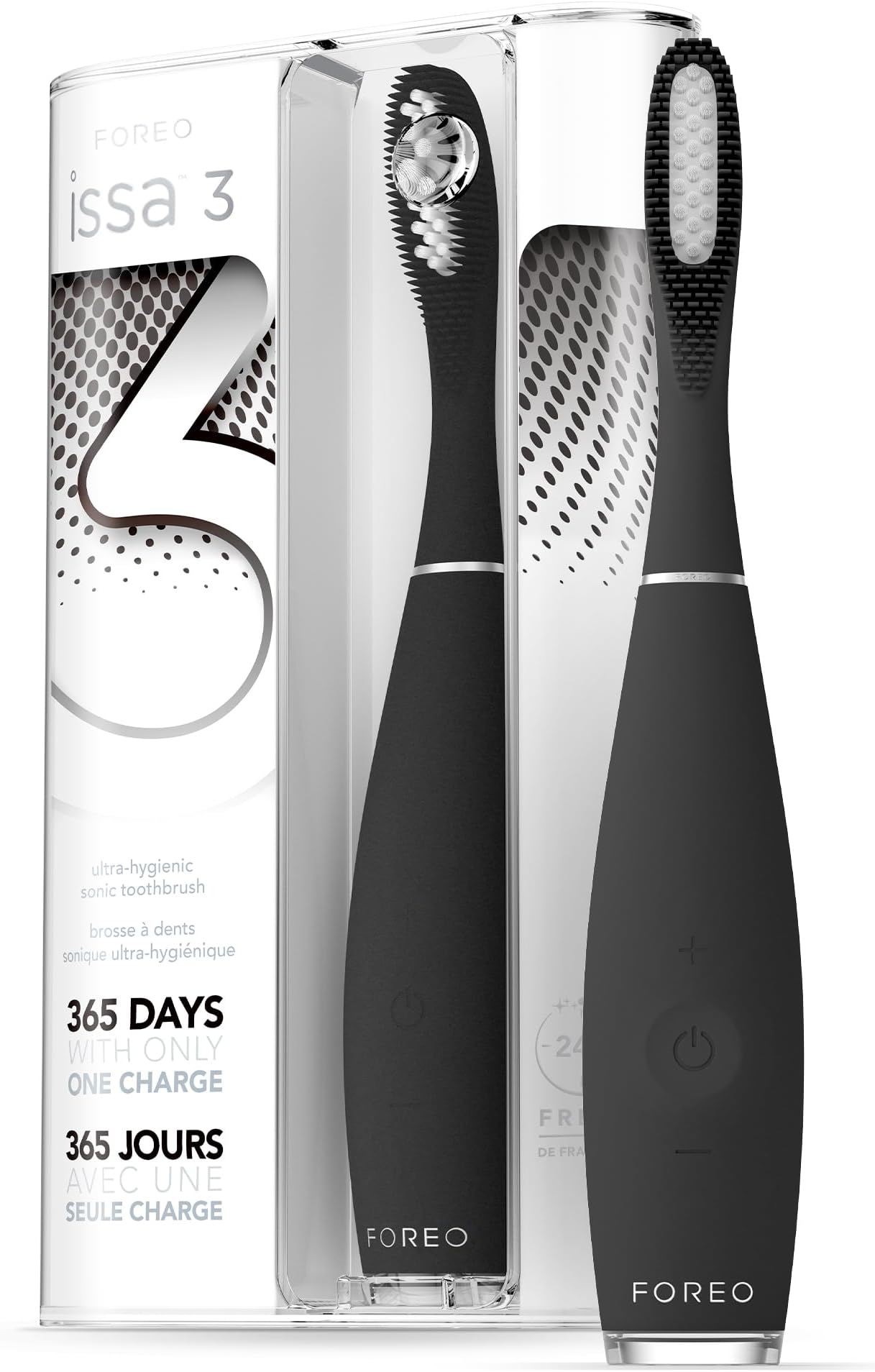 ISSA Black, Rechargeable Electric Ultra-Hygienic Sonic Toothbrush with Silicone & PBT Polymer Bristles