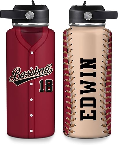 Vista 24 de Hyturtle Botella de agua de béisbol personalizada, botella de acero inoxidable aislada de viaje con tapa a prueba de fugas, 18 onzas, 32 onzas