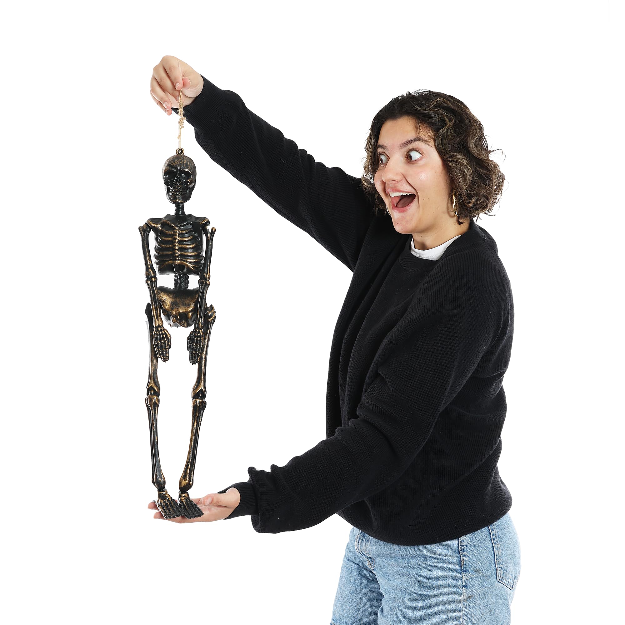Esqueleto colgante dorado, paquete de 12 a 61 cm de pies a cabeza, esqueleto dorado con un diseño fácil de colgar, decoración perfecta de Halloween para fiestas y truco o trato