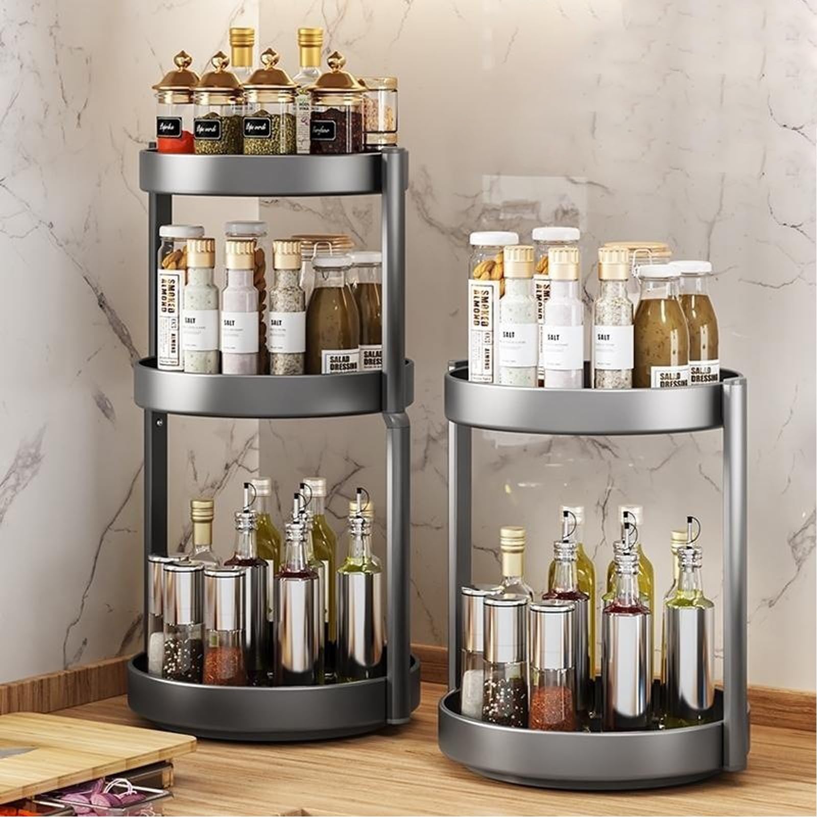 JOUING Lazy Susan Turntable Rotating Spice Rack 2 Tier Kitchen Storage Cupboard Organiser Metal Removing Spice Racks for Cabinet Pantry,Table,Bathroom(White - Image 3