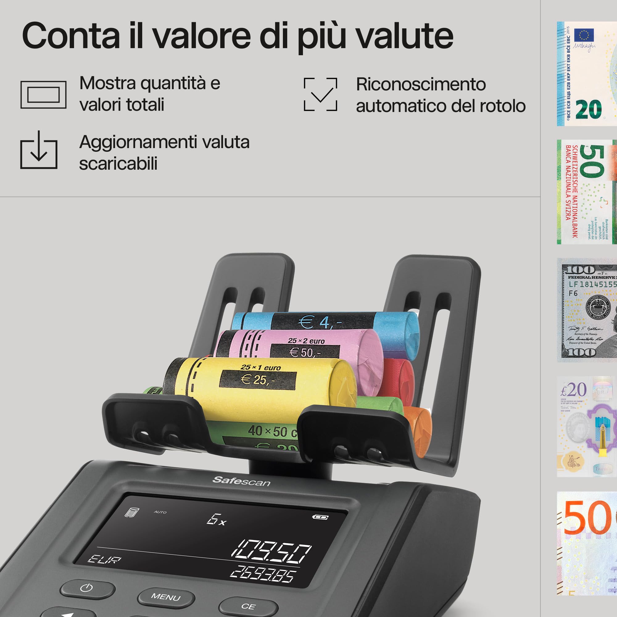 Safescan 6165 Macchina contasoldi che conta monete e banconote, Contamonete con riconoscimento automatico del rotolo di monete, Bilancia conta soldi per un conteggio semplice e veloce delle casse