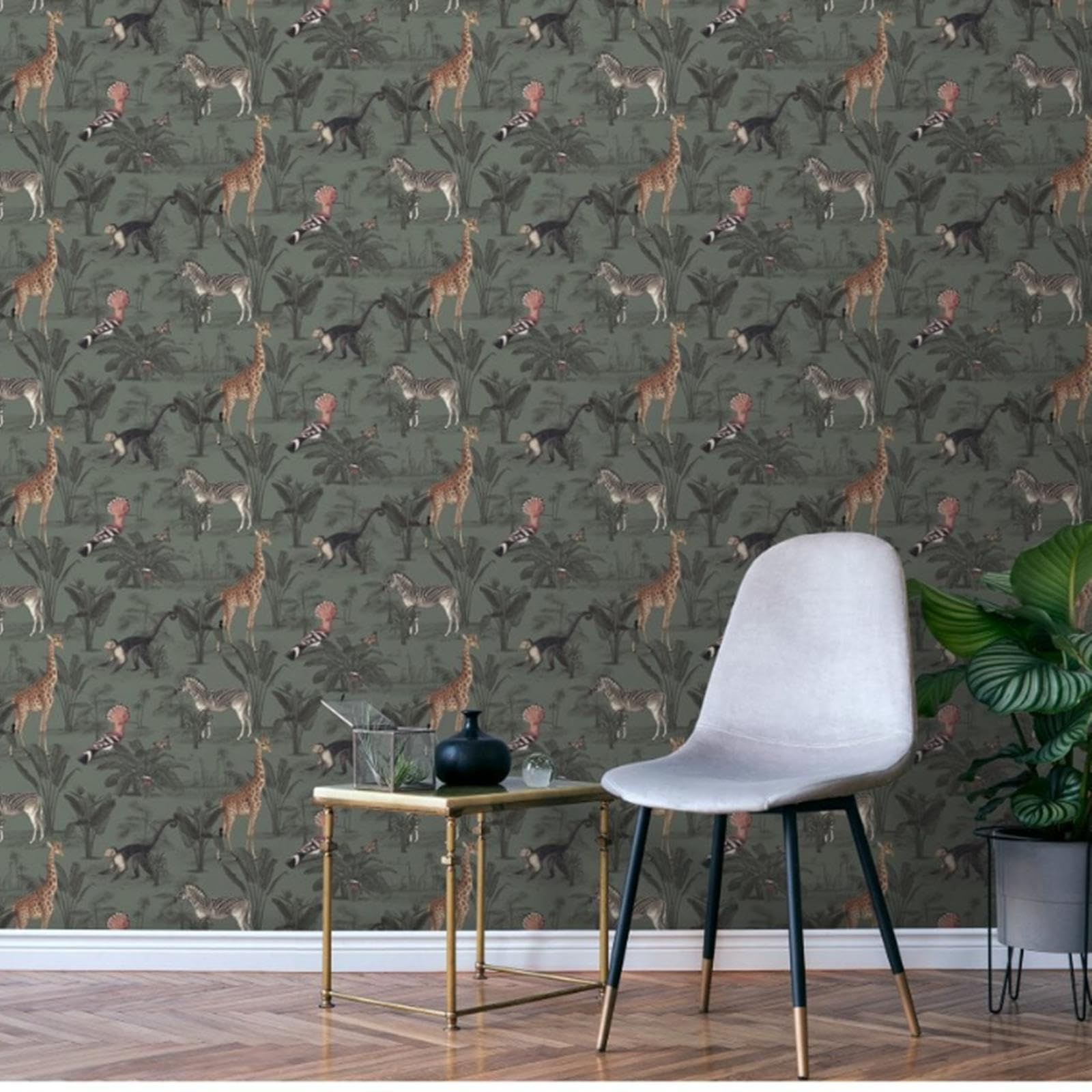 Sophie Laurence Green Tropical Floral Wallpaper Safari Monkeys Zebras Giraffe Feature Bedroom, Smooth Finish Vinyl Wall Panels For Lounge, Bedroom, Study Washable, Strippable, Non-Pasted (Sample)