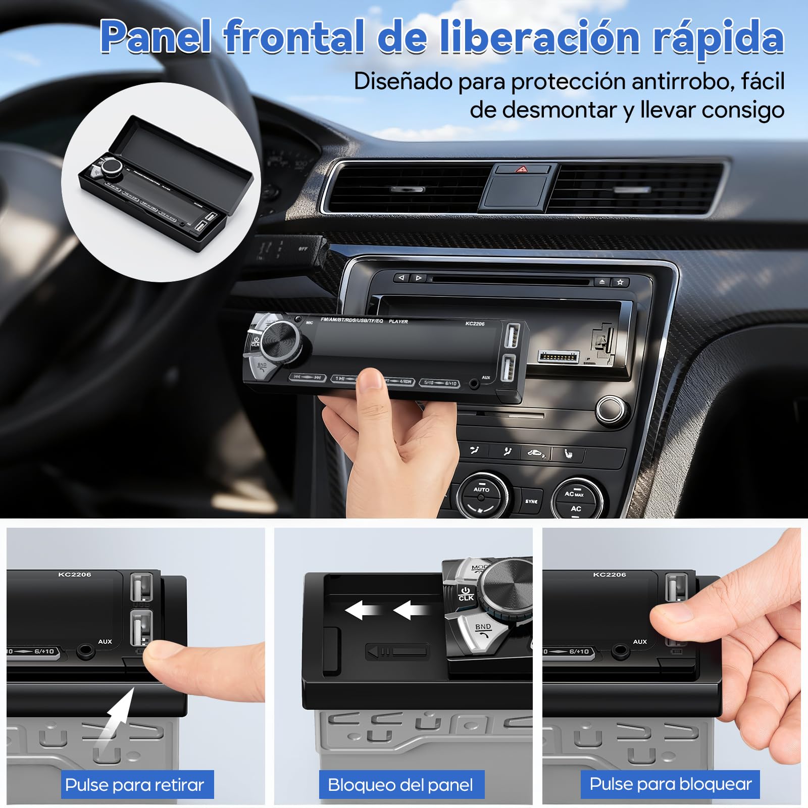 Radio Coche Bluetooth Extraible, Wistrue RDS Autoradio Bluetooth 5.0,FM/Am 1DIN Autoradio Stéreo Soporta MP3/2USB Carga rápida/AUX/SD Compatible con Android y iOS
