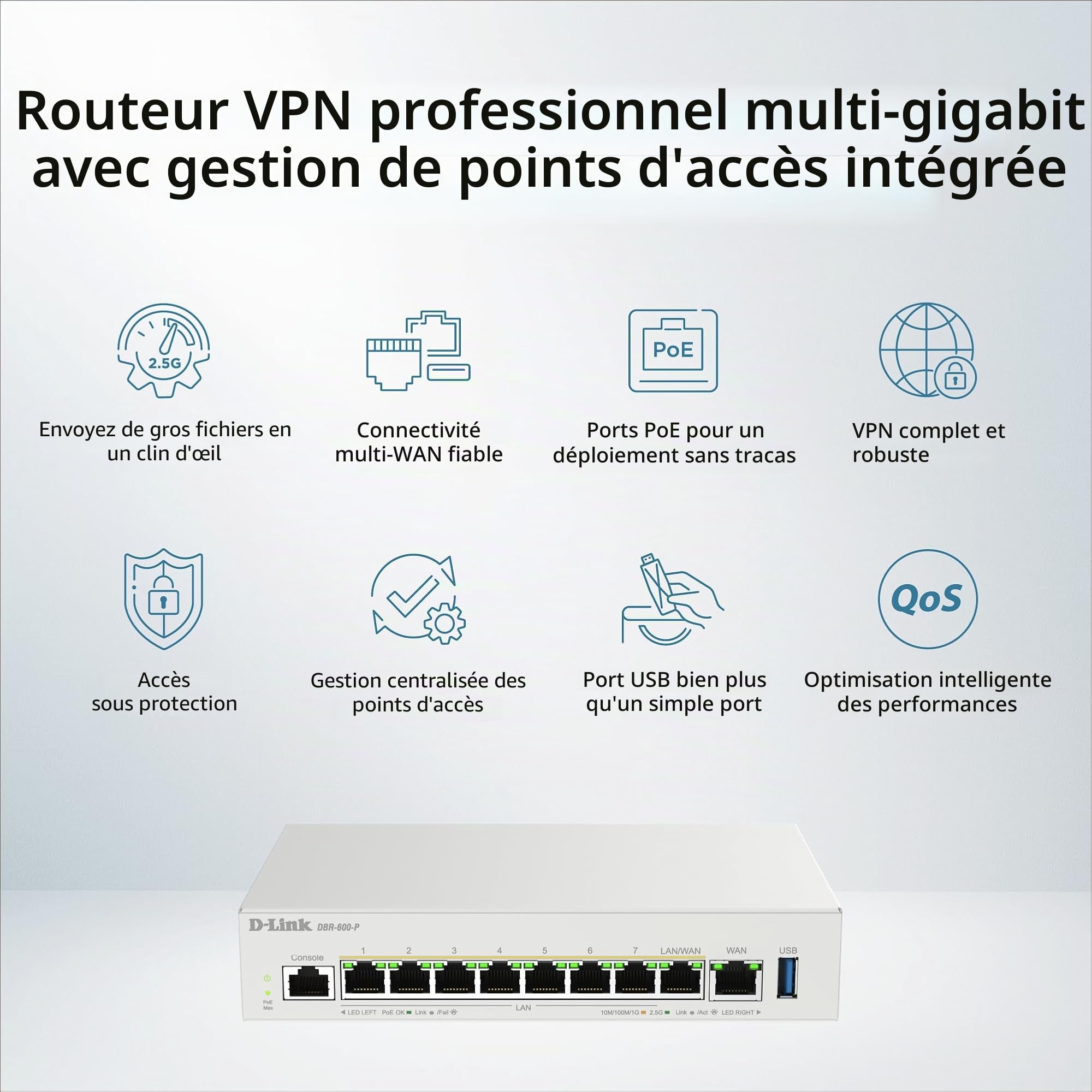 D-Link DBR-600-P Routeur PoE Professionnel – Routeur VPN Dual WAN 2,5G avec 8× Ports PoE+ (123W), Répartition de Charge Multi-WAN, Sécurité Pare-feu, Gestion AP – Idéal Bureaux & Cafés