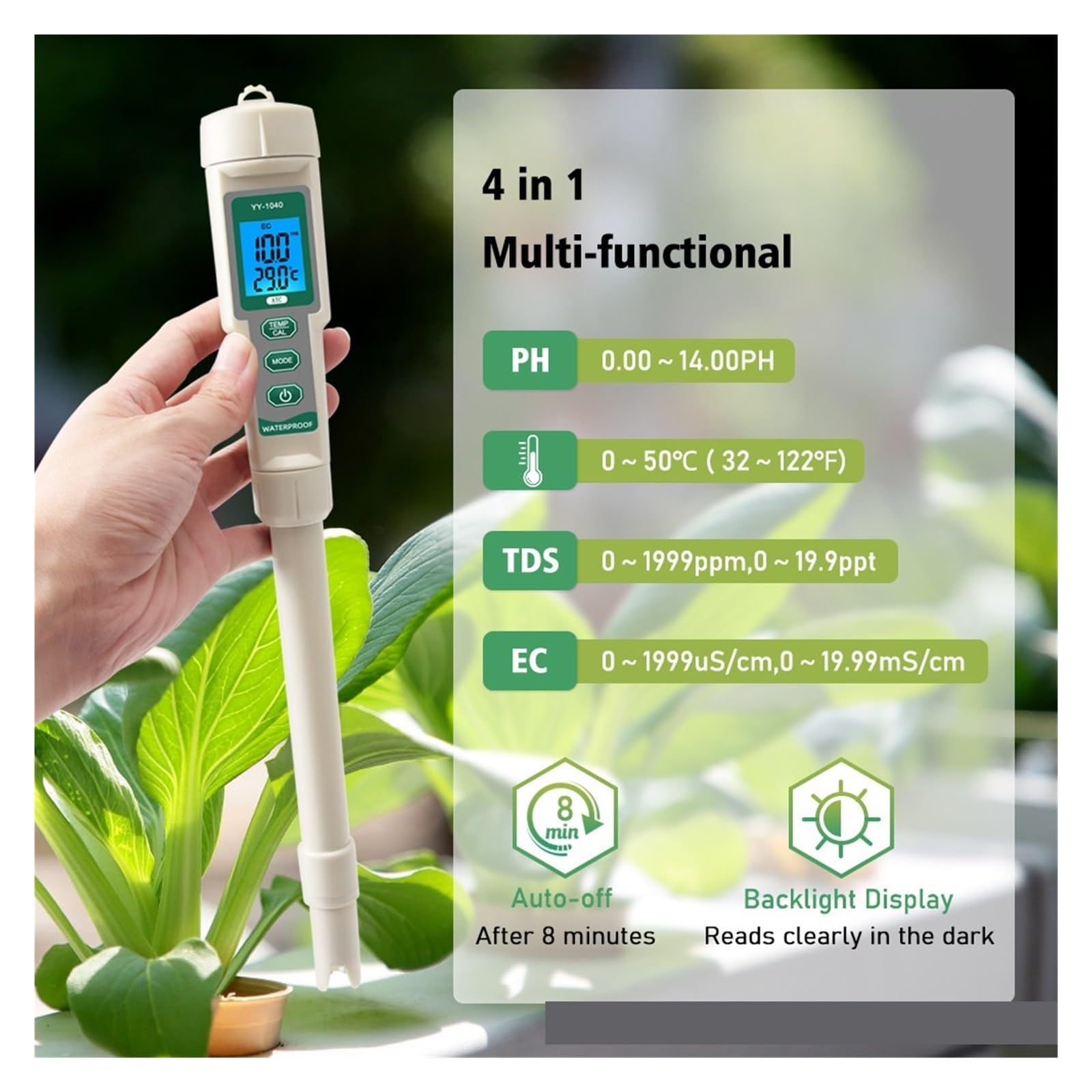 Tester dell'Acqua, Tester della qualità dell'Acqua 4 in 1, Penna for Test PH/EC/TDS/Temp for Coltura idroponica e Piscina