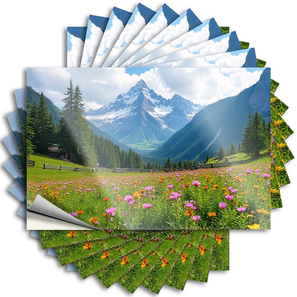 Playroom Decor Double Sticker - Mountain Majesty Amidst Floral Splendor Water Waterproof Vinyl Sticker(8X12CM)