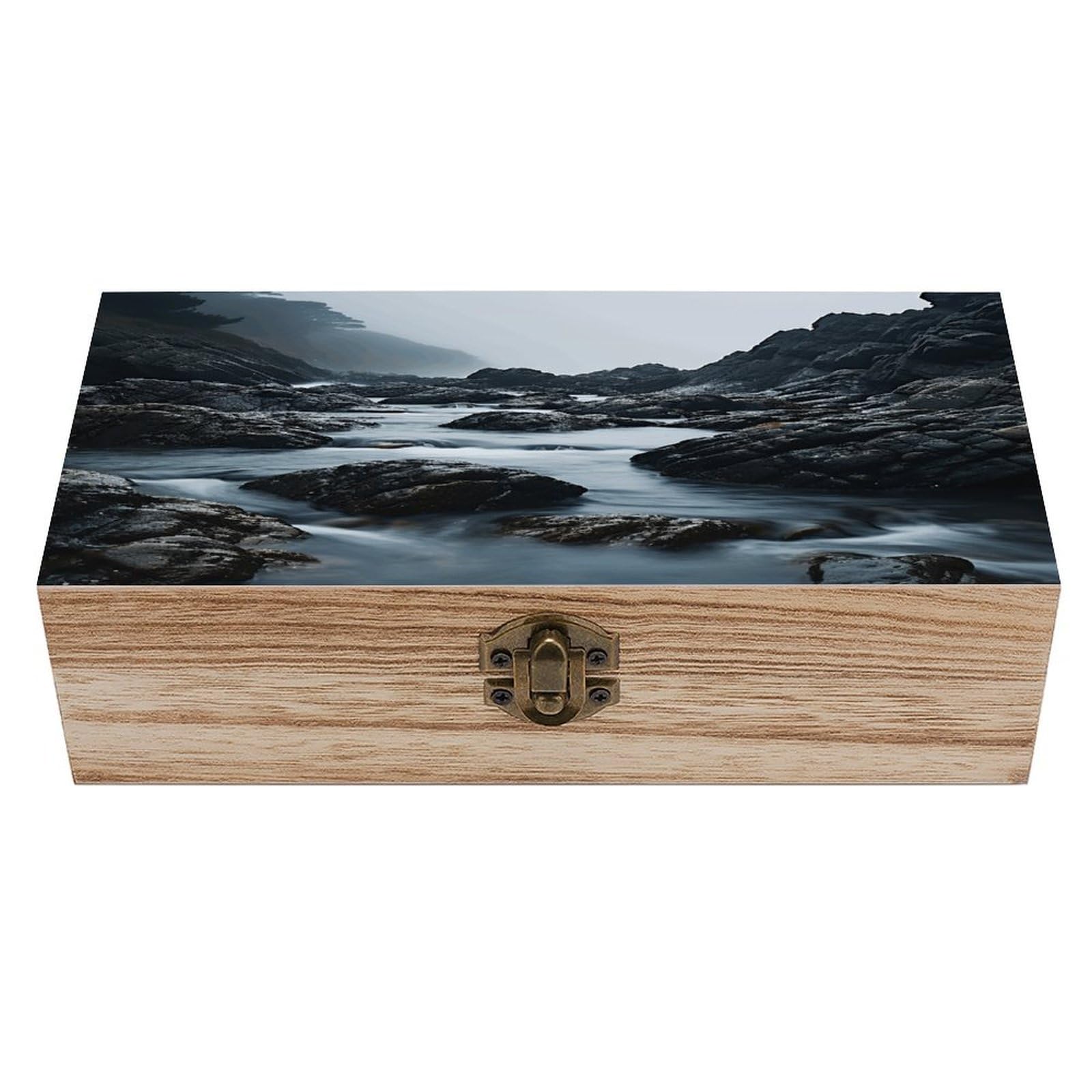 asbwuo Foggy Rocks in Water Wood Keepsake Box Wooden Box with Hinged Lid