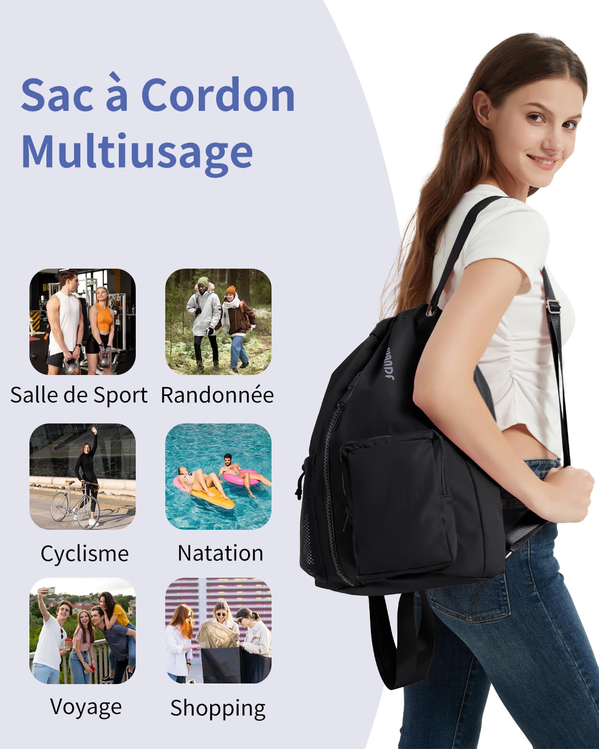 WANDF Sac à Cordon avec Compartiment à Chaussures, sac à dos sport Imperméable, Sac de Gym à Cordon pour Femmes Hommes Enfants, Grand Sac à Dos pour Sport Natation Voyages École (Noir)