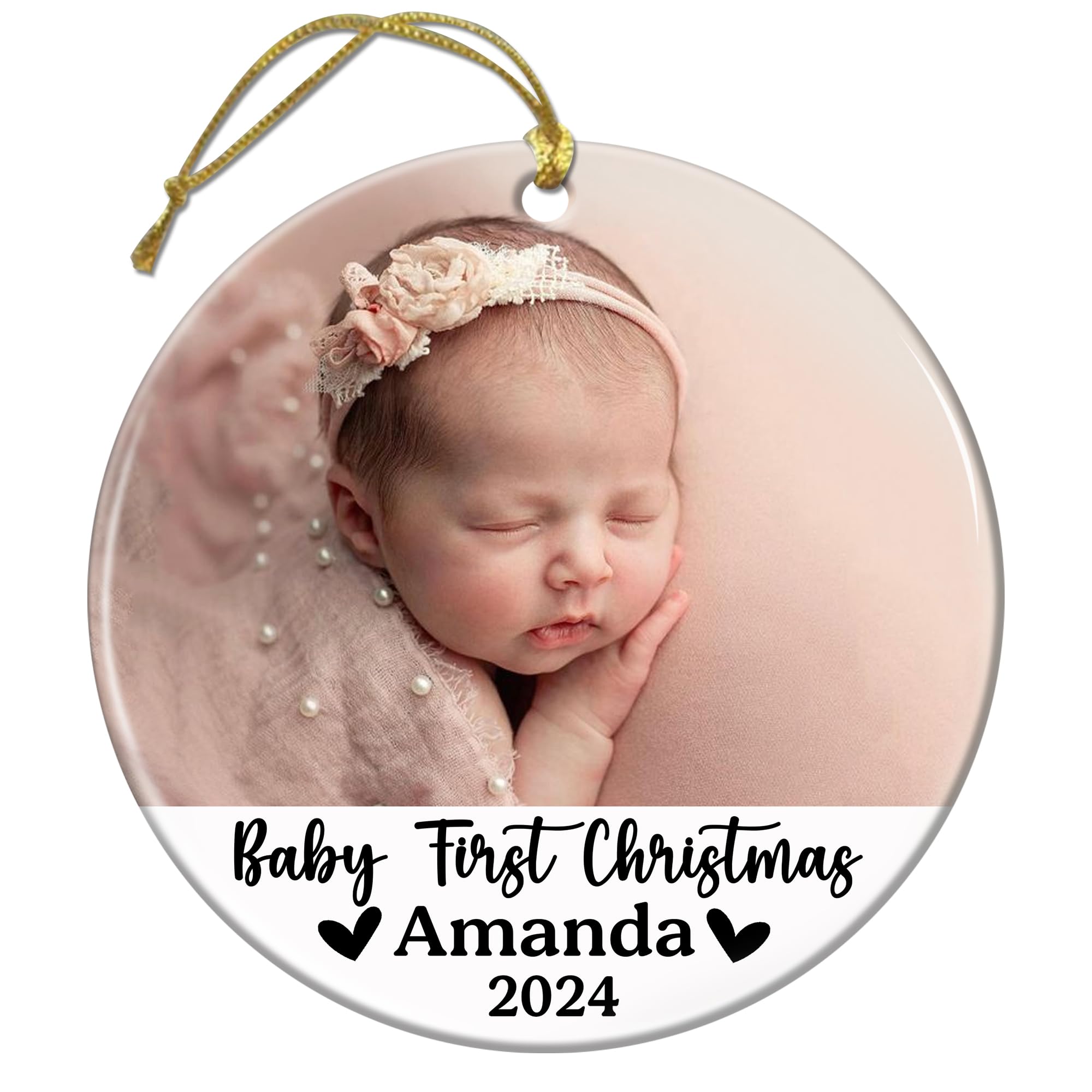 Personalized Baby's First Christmas Ornament 2024 with Picture Custom Photo Name Circle Ceramic Ornaments Babys 1st Xmas Memory Keepsake for Newborn Girl Boy Babies Decorations Home Tree