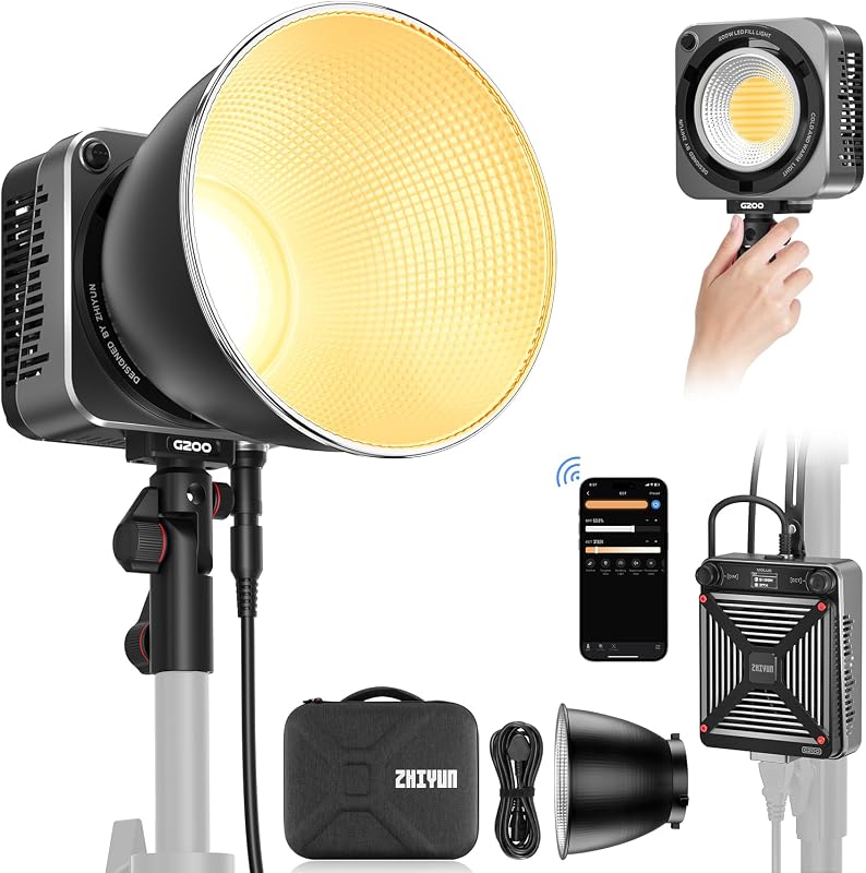 ZHIYUN Molus G200 [Official] 200W COB Video Light, 300W Max Extreme Mode | 2700-6500K, 9460 Lux@1m, Portable Compact LED Continuous Lighting with Bowens Mount & APP Control for Video Recording
