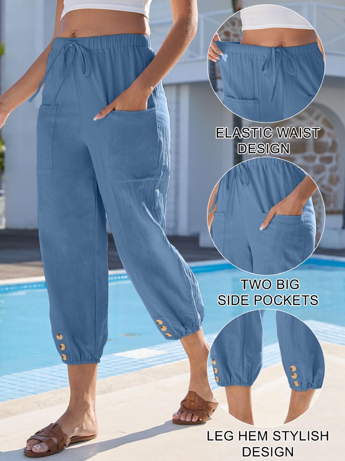 Pantalon 7/8 Femme Été Pantalon Coton et Lin Taille Elastique Large Pantalons Fluide Décontracté Taille Haute Léger Respirant Pantalons de Plage Ample Pants Cordon Large à Jambes avec Poches