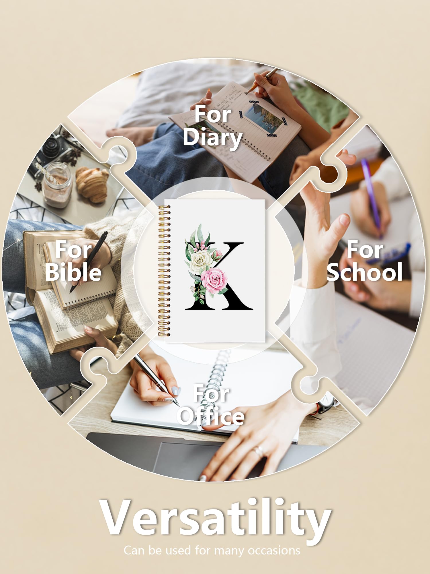 Cuadernos florales con monograma K en espiral – Diario de tapa dura con letra inicial K, lindo cuaderno de tapa dura personalizado para escribir, monograma personalizado regalos para mujeres