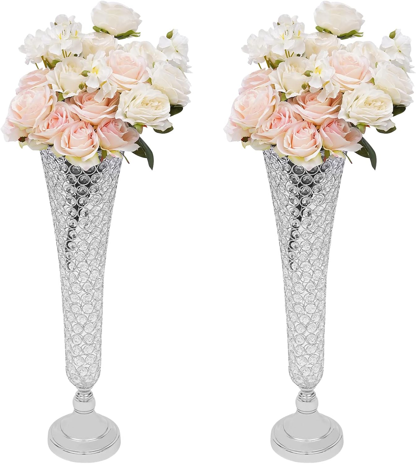 2 Pieces Crystal Trumpet Tall Vase, 20 inch Wedding Centerpiece Vase Iron Crystal Vase Table Decoration for Wedding Party Event Decoration, Silver