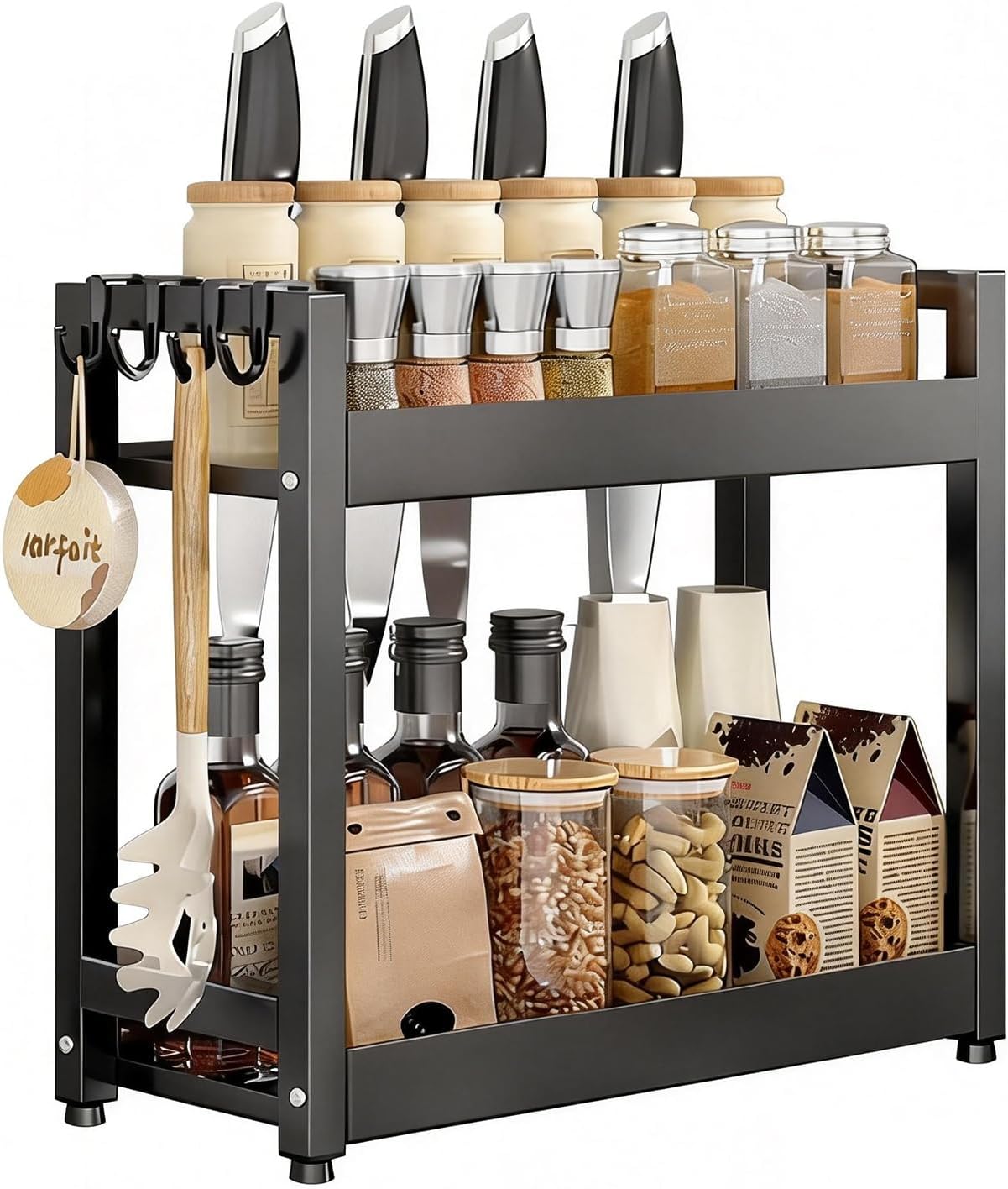2-Tier Black Kitchen Organizer Shelf, Heavy Duty Carbon Steel Countertop Spice Rack with Hooks, for Microwave, Oven, Toaster, Utensils Storage – Non-Slip Raised Edge Design (ZWJ-Black1)