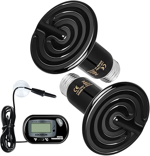 Simple Deluxe Lámpara de calor de cerámica de 150 W con emisor de calor para reptiles con termómetro digital, para pollo, tortuga dragón lagarto