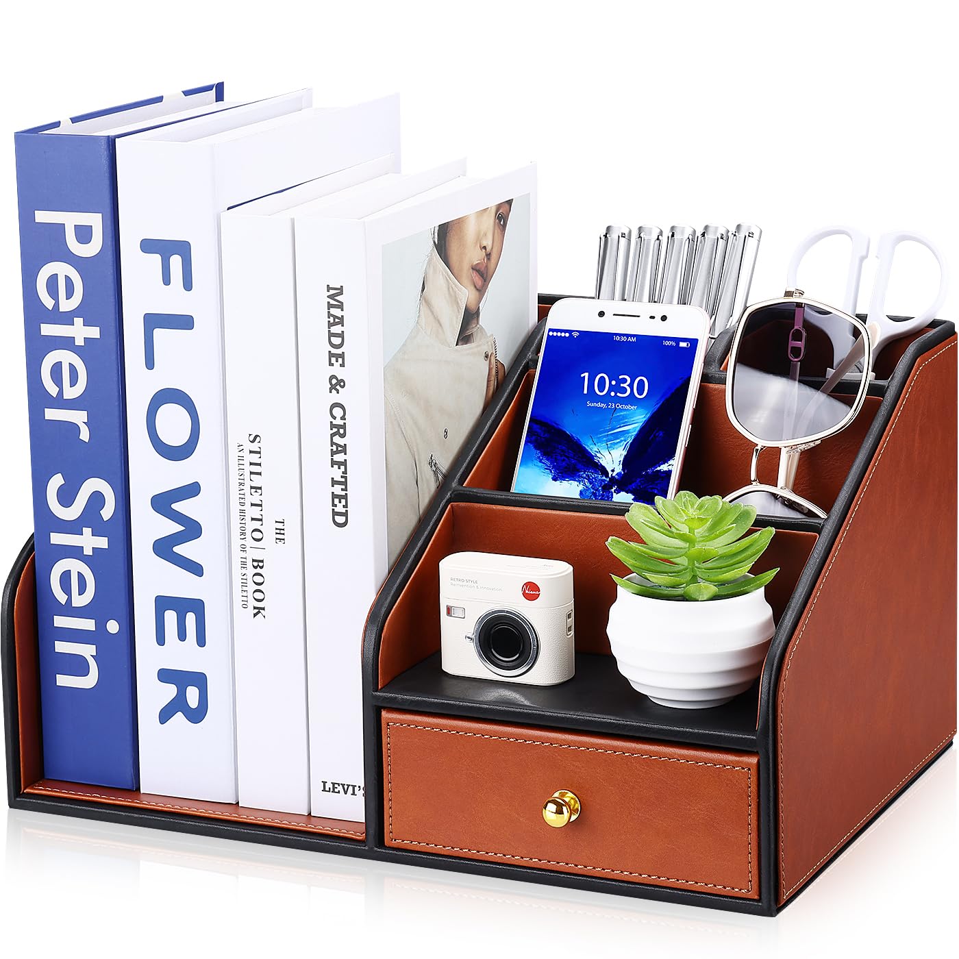 GORESE Schreibtisch Organizer mit Aktenhalter,Leder Papier Briefablage mit Schublade und 4 Stiftehalter, Zeitschriftenhalter Dokumentenablage Ablagefächer Organizer für Büro,Zuhause,Schule(Braun)
