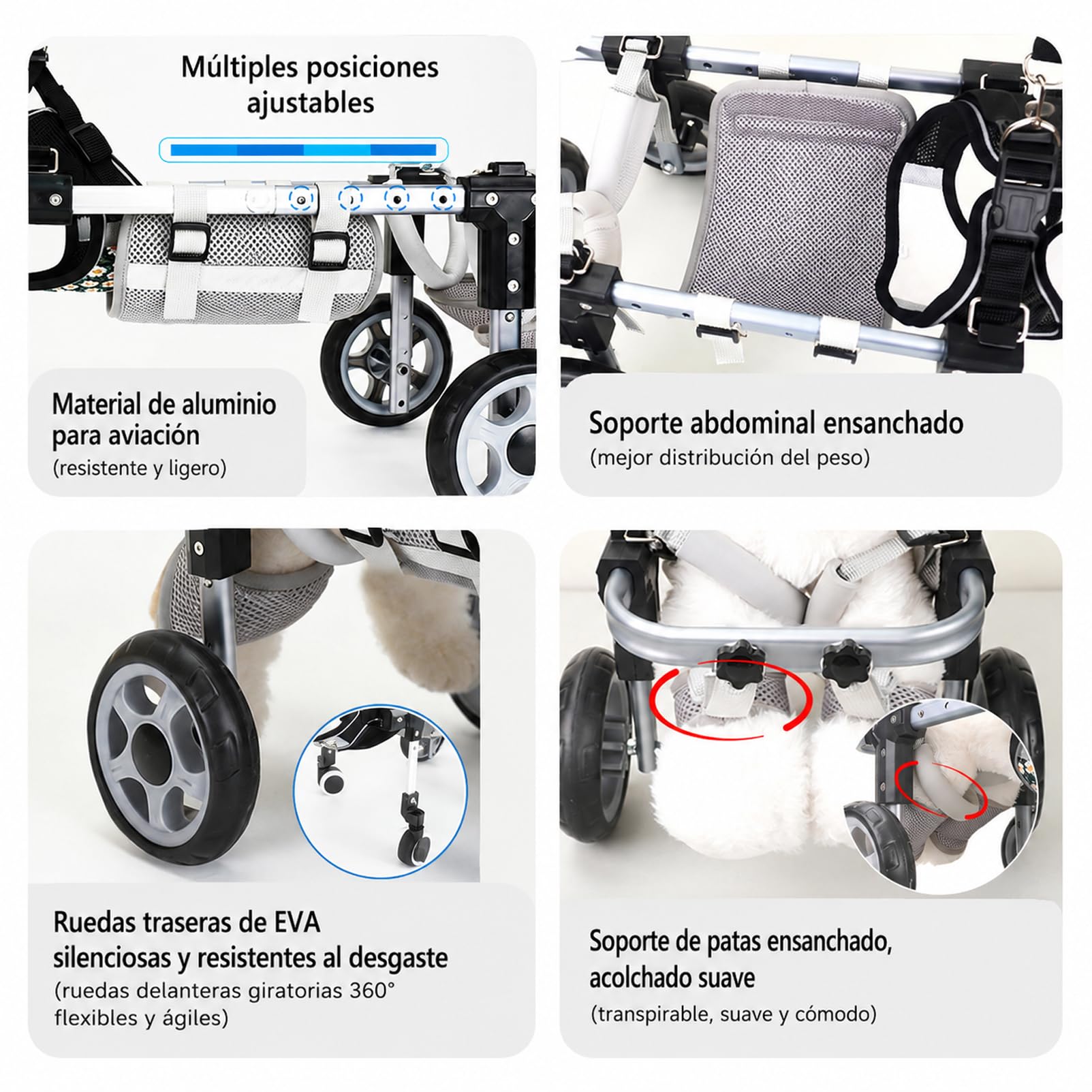 Silla De Ruedas Ajustable De 4 Ruedas Para Perros, Tanto Para Patas Delanteras Como Traseras. Ayuda Ligera De Movilidad Para Perros Lesionados, Discapacitados O Ancianos. Apta Para Razas Pequeñas Y Gr