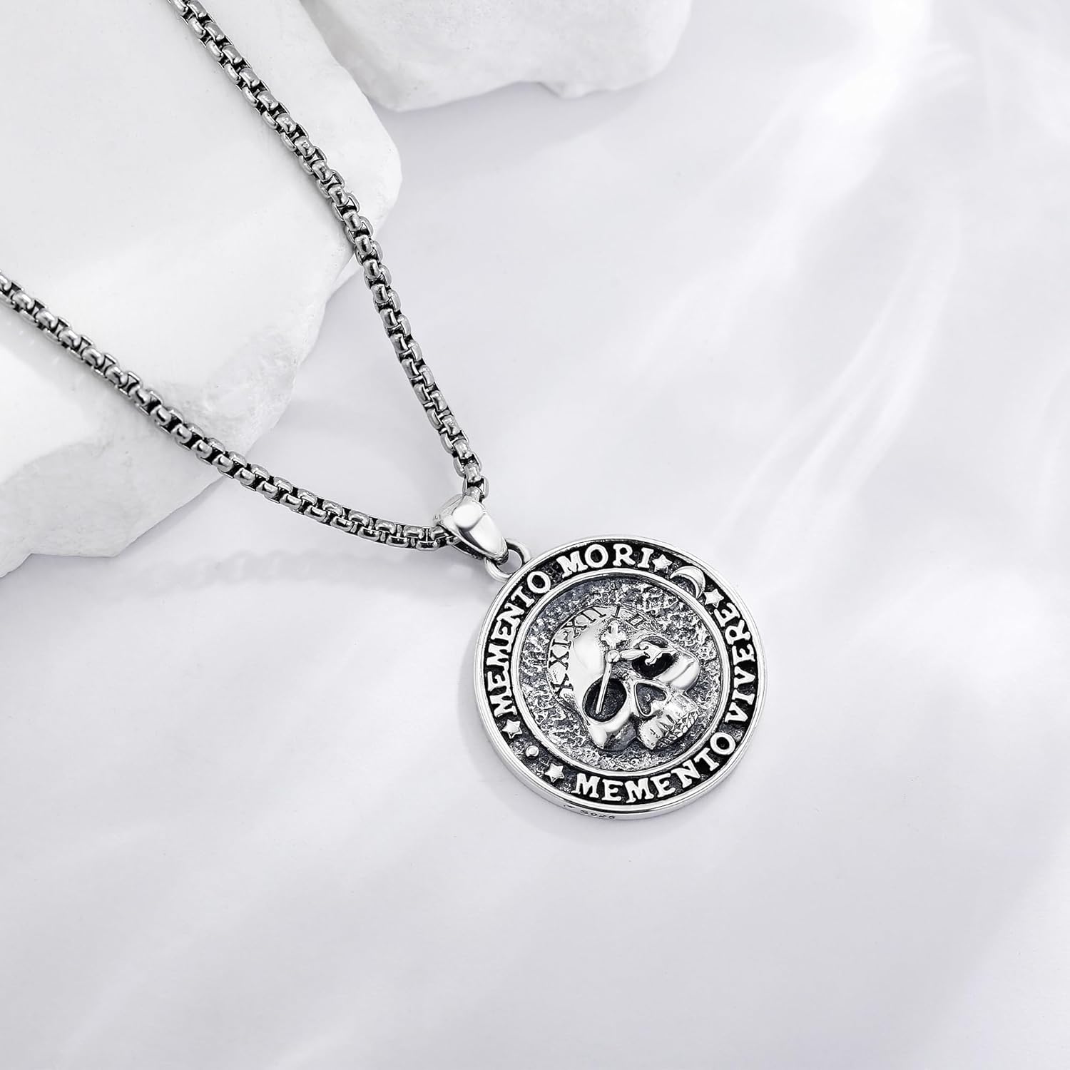 Memento Mori Necklace 925 Sterling Silver Memento Mori Pendant Skull Clock Jewelry Gifts for Men - Image 3