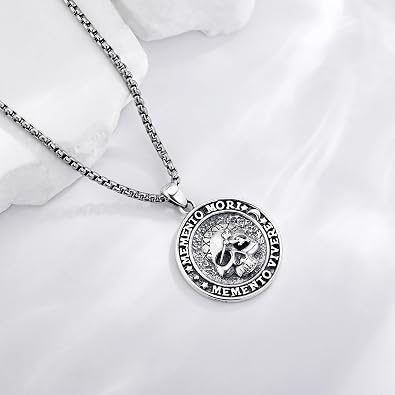 Memento Mori Necklace 925 Sterling Silver Memento Mori Pendant Skull Clock Jewelry Gifts for Men