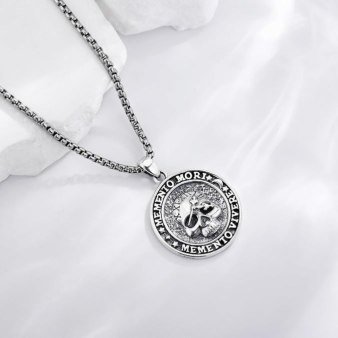 Memento Mori Necklace 925 Sterling Silver Memento Mori Pendant Skull Clock Jewelry Gifts for Men