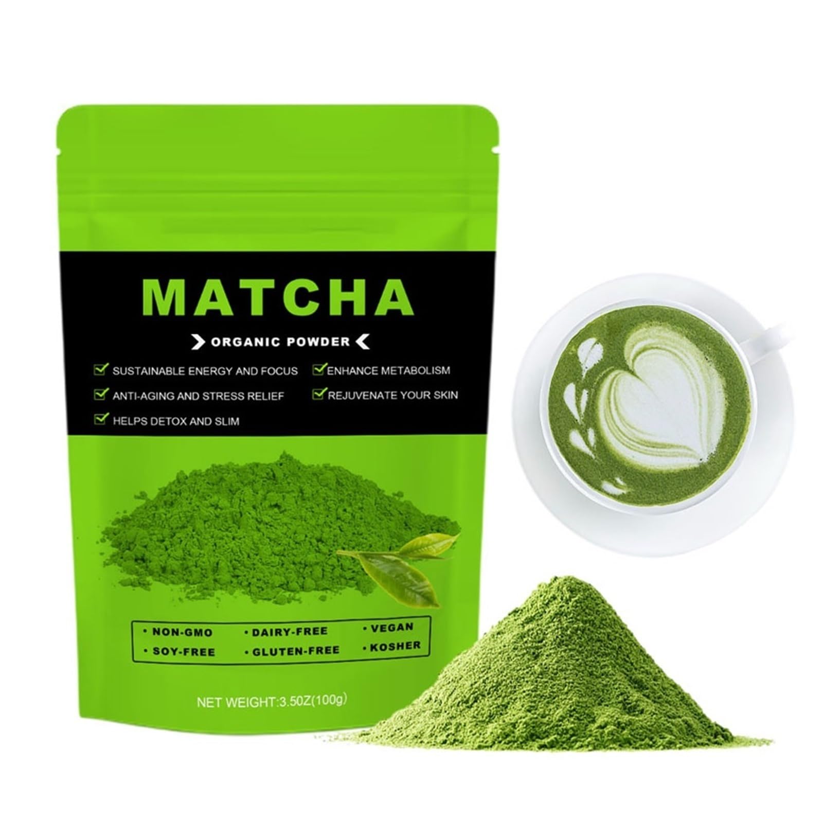 Czysty Proszek Zielonej Herbaty Matcha Premium – Naturalny, Bez Dodatków, Bez GMO, Do Napojów, Wypieków I Koktajli(3PCS)