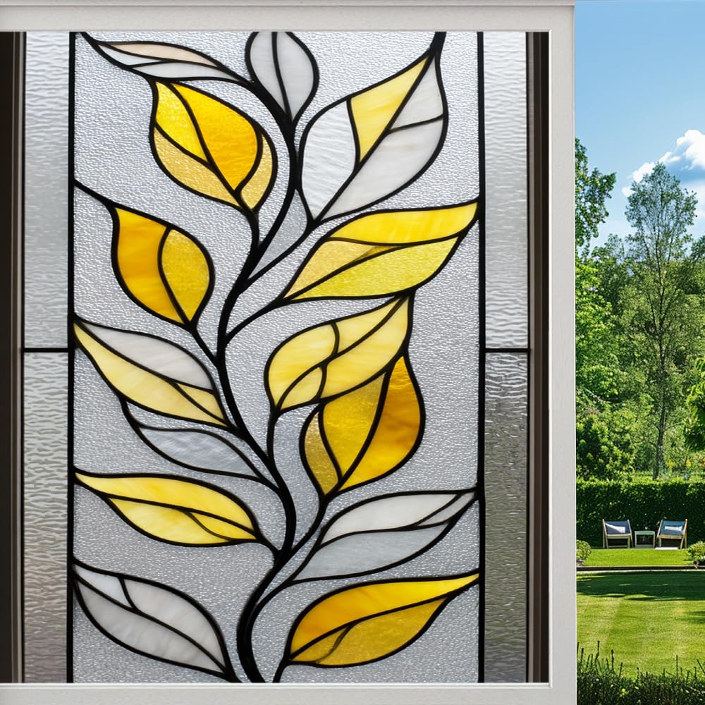 Pmlbaous Minimalist Plants Stained Glass Window Film, Colorful Natural Leaves Peel And Stick Privacy Film, Frosted Adhesive Vinyl Decorative For Bathroom Windows Glass Doors, （80X120cm）
