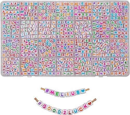 MELIUS Cuentas de letras cuadradas acrílicas, 1120 piezas de 0.236 x 0.236 pulgadas en orden alfabético A-Z, cuentas de letras coloridas con números