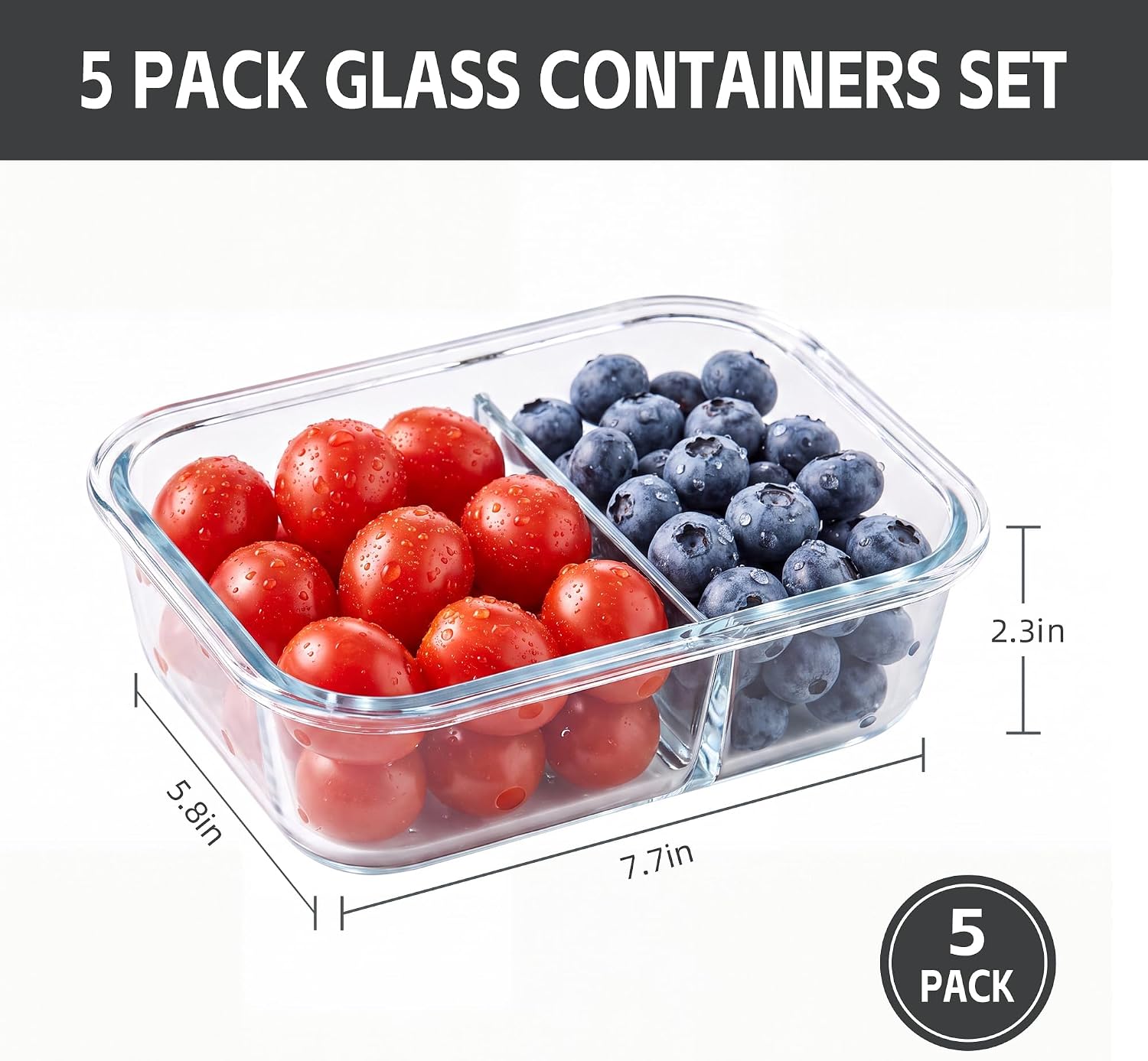 5-Pack Glass Food Storage Containers with 2 Compartments, 35 oz (5 Cups) Meal Prep Containers, Leak-Proof Lids, Microwave, Freezer, and Dishwasher Safe, Transparent White