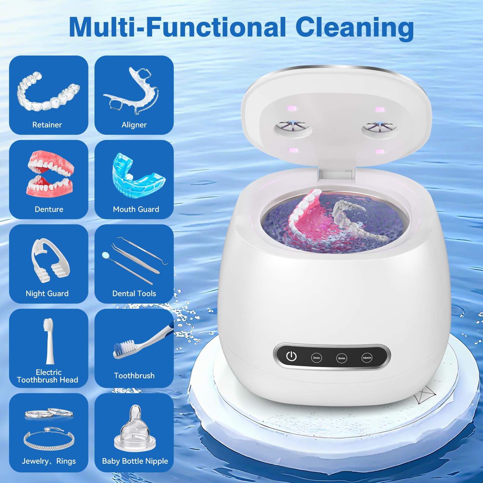 Máquina limpiadora ultrasónica recargable, 45 kHz, cápsula de limpieza dental portátil para dentaduras postizas, protectores nocturnos, aparatos ortopédicos, alineador, cepillo de dientes, joyas, 3