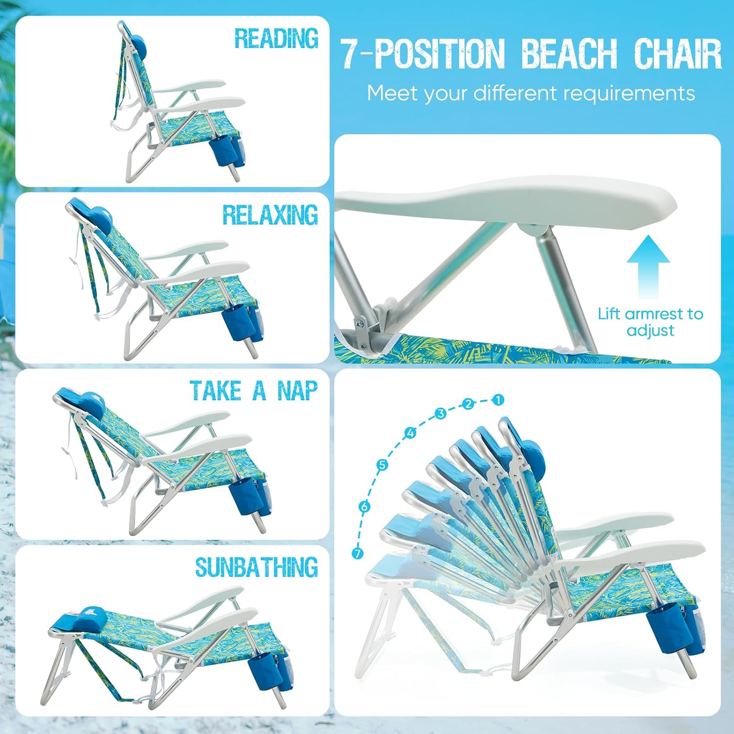 Old Bahama Bay Beach Chairs for Adults, 7-Position Classic Lay Flat Beach Chair Reclining Beach Chair, Portable Aluminum Backpack Beach Chair with Towel Bar & Cooler Bag