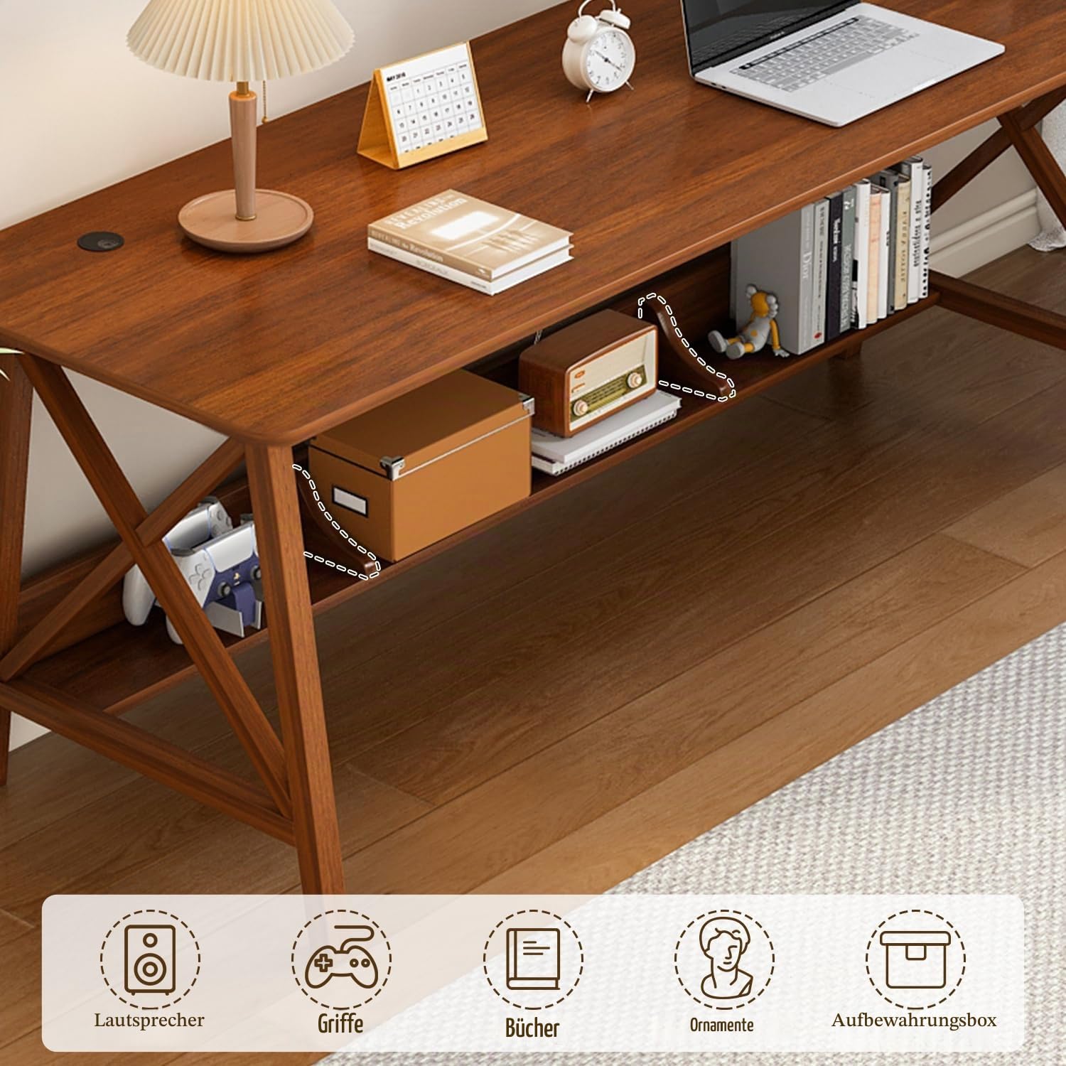 NELYE Holz Langer Schreibtisch mit Regal - 120 x 40 cm Stabiler PC-Tisch