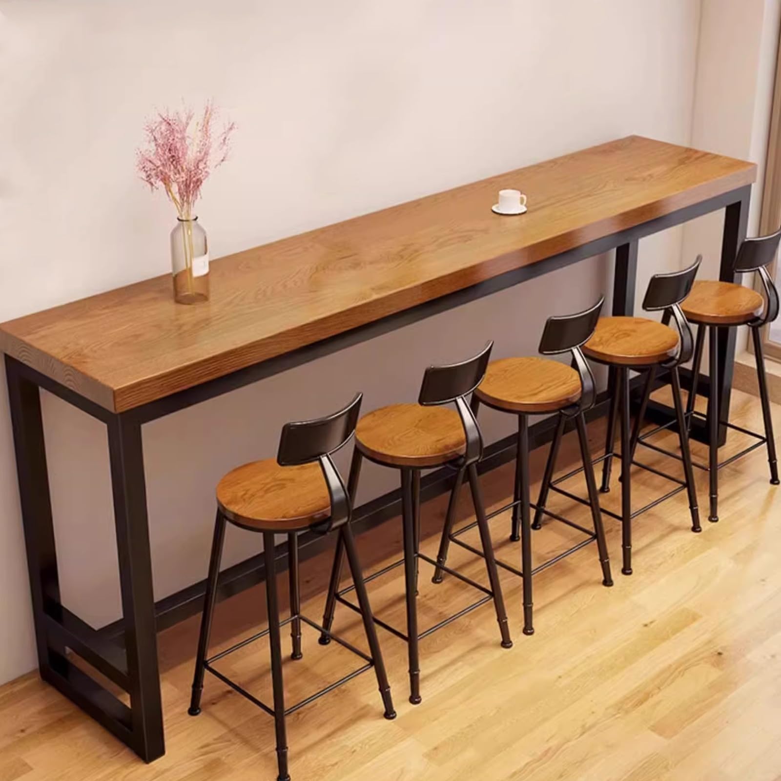 Table bar cuisine industrielle en bois massif pour café et petit espace