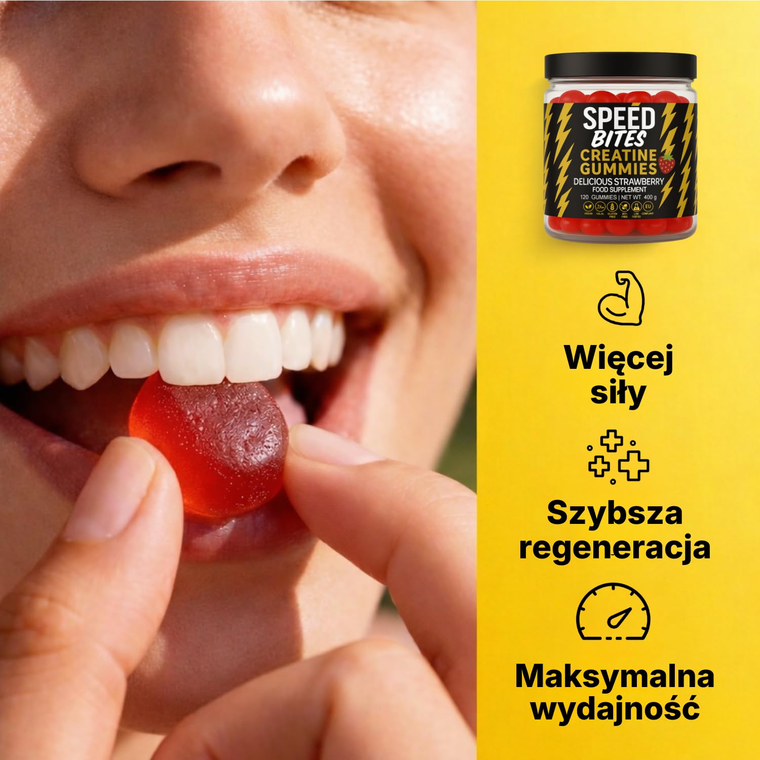 Kreatyna HCl Żelki – 1600 mg czystej Kreatyny HCl ≈ 5000 mg Monohydratu – Wegańskie, Bez Cukru, Wysoka Przyswajalność – Siła, Energia & Regeneracja – Produkcja UE – 120 Żelków