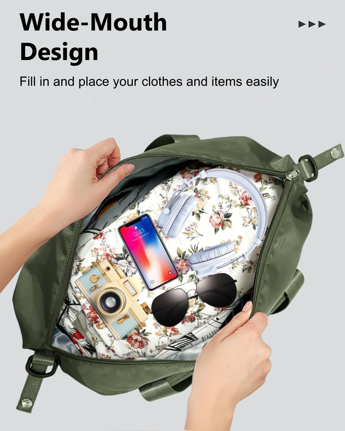 Foldable Travel Bag, 40L Duffle Bag for Travel with Multiple Pockets, Expandable Gym Carry On Bag, Overnight Weekender Bags for Women (Olive green) - Image 4