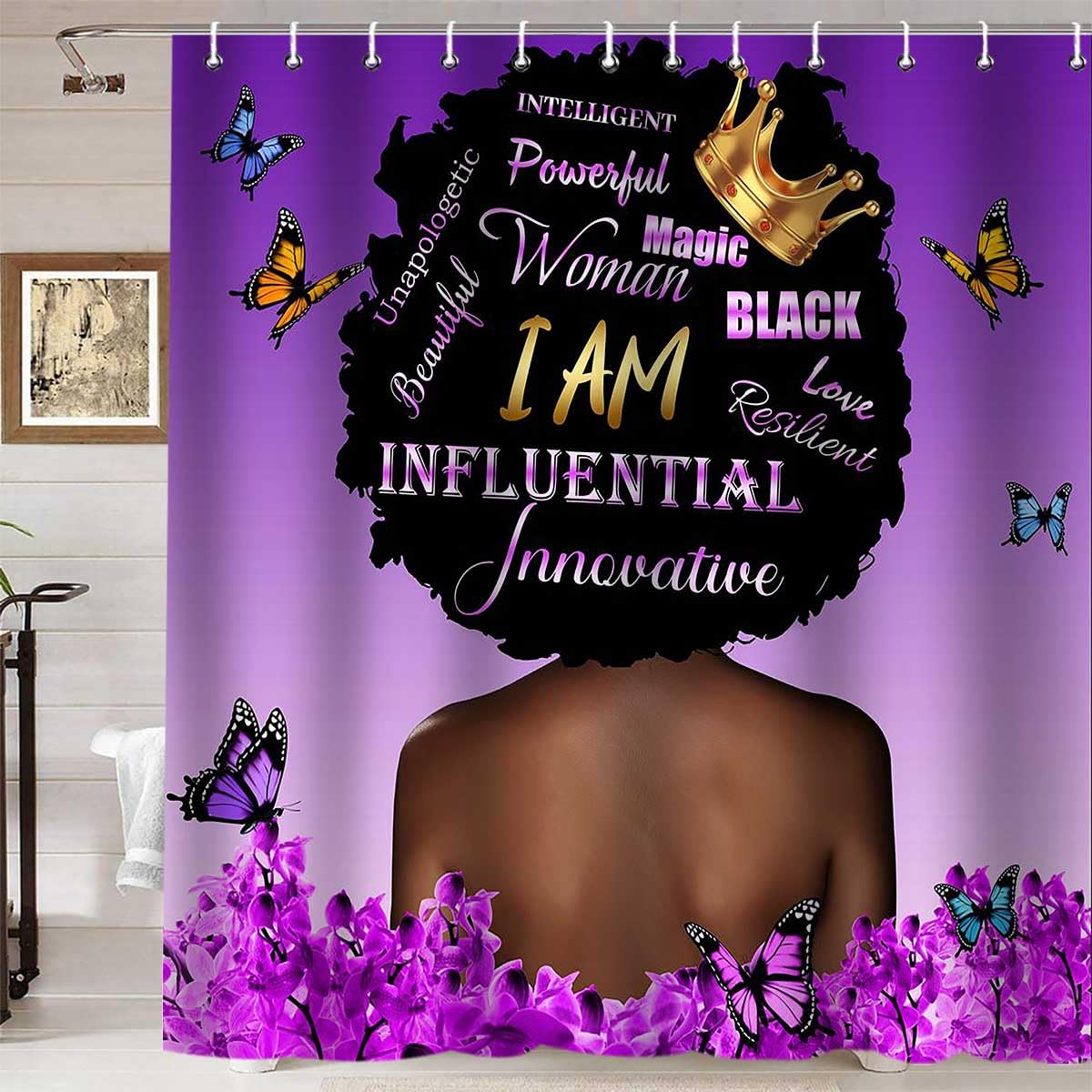 Namdeva African American Shower Curtain, Purple Orchid Floral Colorful Butterfly Inspirational Black Woman Afro Black Girl Magic Bathroom Decor,