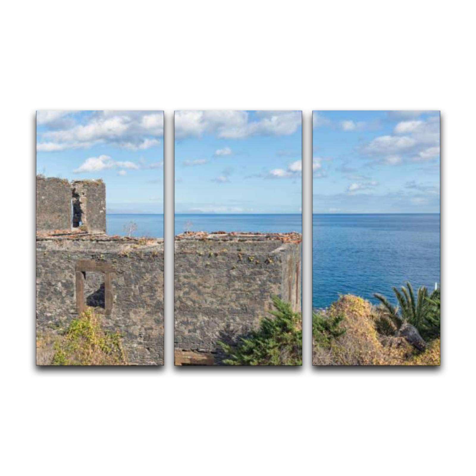 Canvas Print Wall Art for Living Room,Bedroom 3 Panel Canvas Prints Picture Modern Decoration Ruin old house near coast of Canico at Madeira Island Ready to Hang 16*32 inches