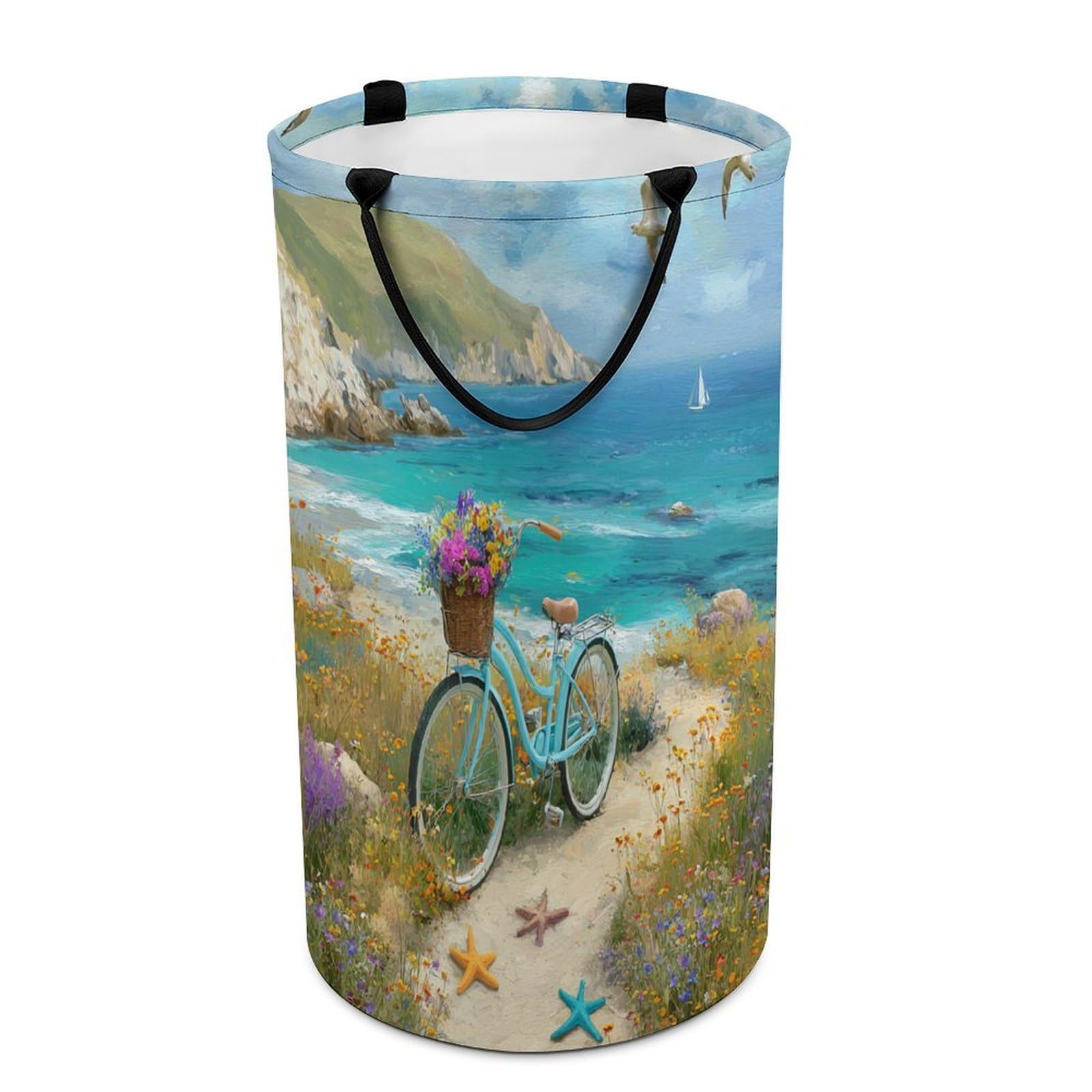 LUYYSKY Classic Abstract Coastal Beach Collapsible Dirty Clothes Basket, Oil Painting Nautical Ocean Seascape Animal Seagull Bicycle Portable Clothes Storage Basket