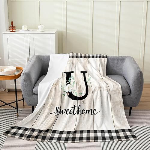 Miniatura 7 de Erosebridal Flower Initial S Flannel Blanket White Floral Flowers Fleece Blanket,40"X50",Personalized Letters Fuzzy Plush Throw for Sofa Beige Negro