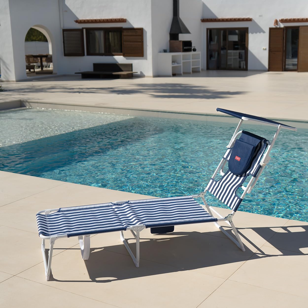 Flamingueo Krzesło plażowe, składany leżak, 5 pozycji, regulowany parasol UPF 50+, otwór na głowę i ramię, ergonomiczna poduszka - aluminium i poliester, niebieski